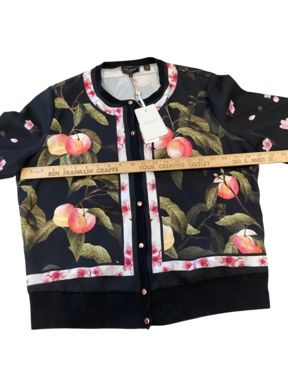 Ted Baker Peach Blossom Woven Bomber Jacket 5 L Black Wool Feminine Whimsygoth
